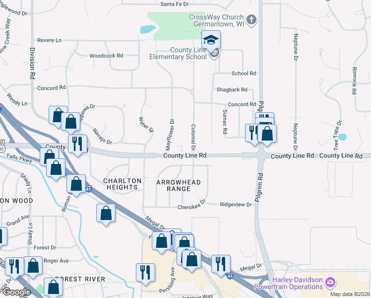 map of restaurants, bars, coffee shops, grocery stores, and more near N96W16130 County Line Road in Colgate
