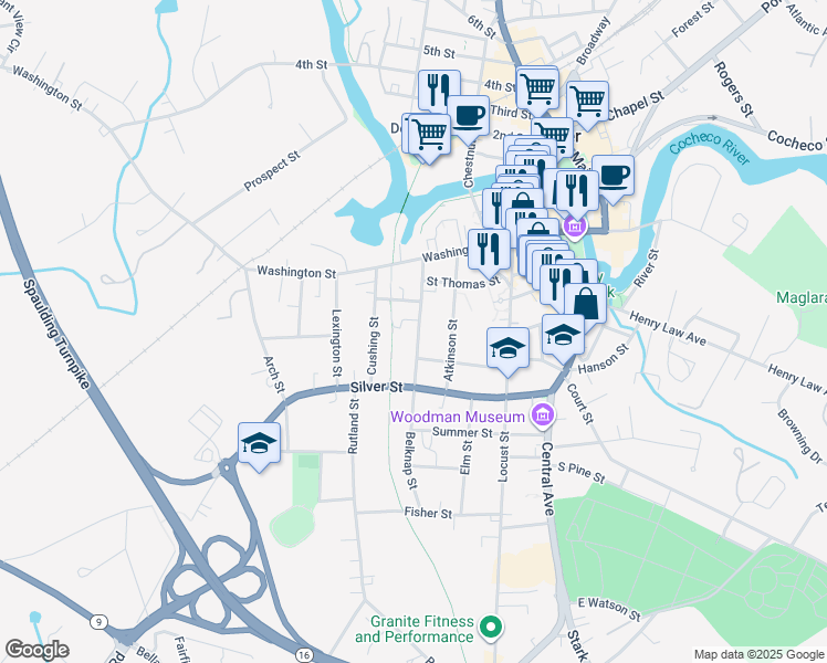 map of restaurants, bars, coffee shops, grocery stores, and more near 31-33 Belknap Street in Dover