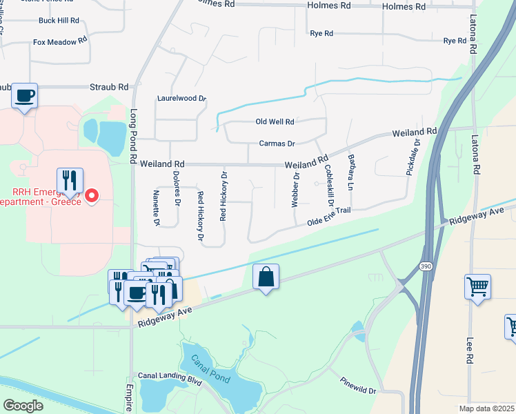 map of restaurants, bars, coffee shops, grocery stores, and more near 86 Weiland Woods Lane in Rochester