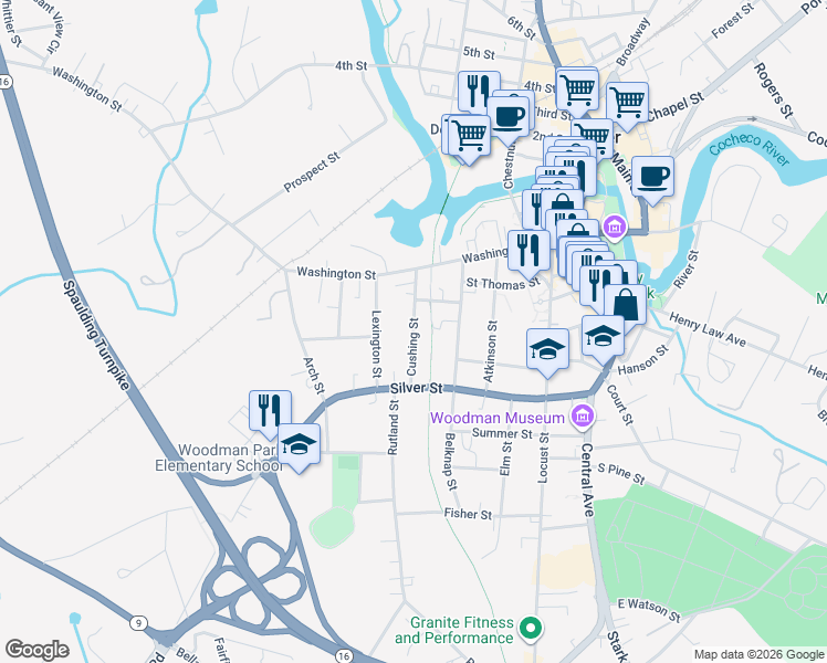 map of restaurants, bars, coffee shops, grocery stores, and more near 27 Cushing Street in Dover