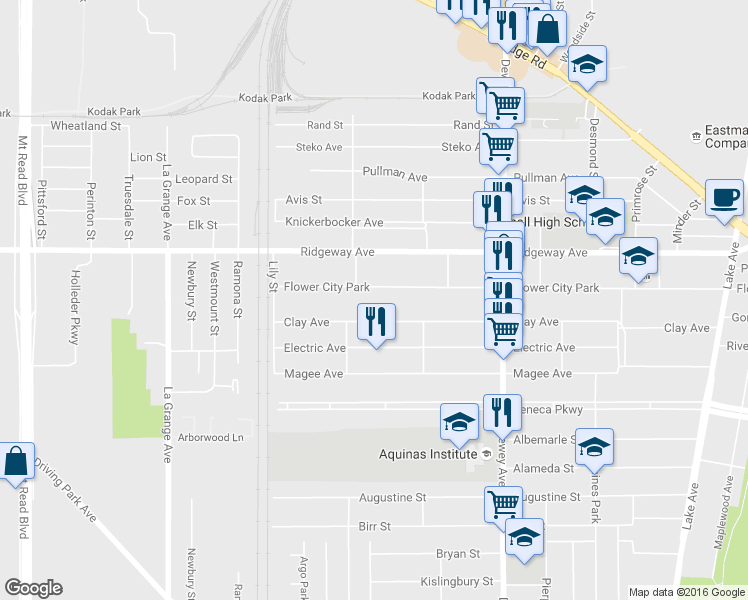 map of restaurants, bars, coffee shops, grocery stores, and more near 703 Flower City Park in Rochester