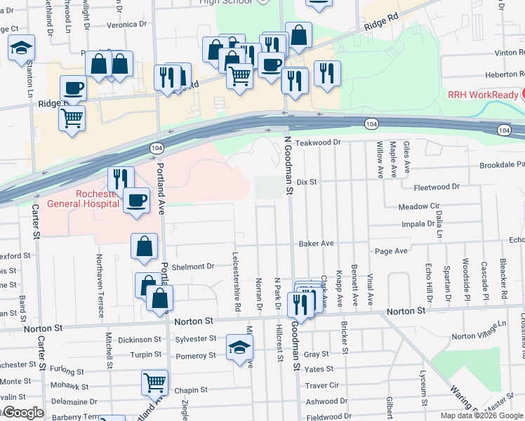 map of restaurants, bars, coffee shops, grocery stores, and more near 490 Norran Drive in Rochester