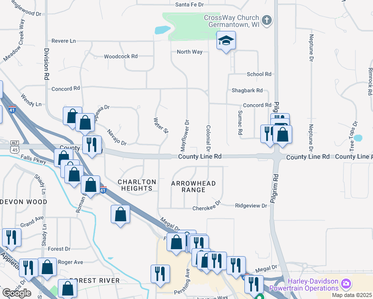 map of restaurants, bars, coffee shops, grocery stores, and more near W162N9627 Mayflower Drive in Germantown
