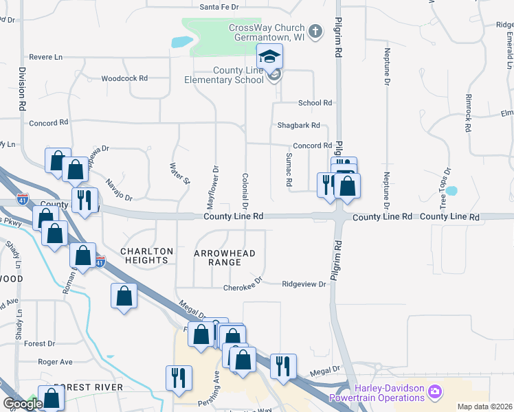 map of restaurants, bars, coffee shops, grocery stores, and more near W160N9636 Colonial Drive in Germantown