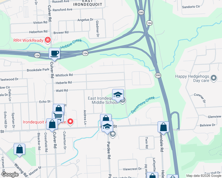 map of restaurants, bars, coffee shops, grocery stores, and more near 285 Wahl Road in Rochester
