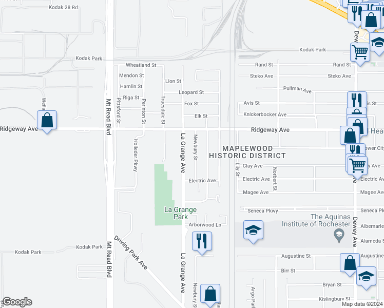 map of restaurants, bars, coffee shops, grocery stores, and more near 483 Newbury Street in Rochester
