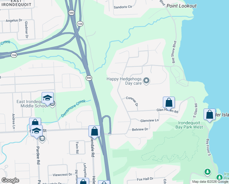 map of restaurants, bars, coffee shops, grocery stores, and more near 389 Bay View Road in Rochester