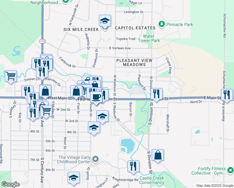 map of restaurants, bars, coffee shops, grocery stores, and more near 301 East Main Street in Waunakee