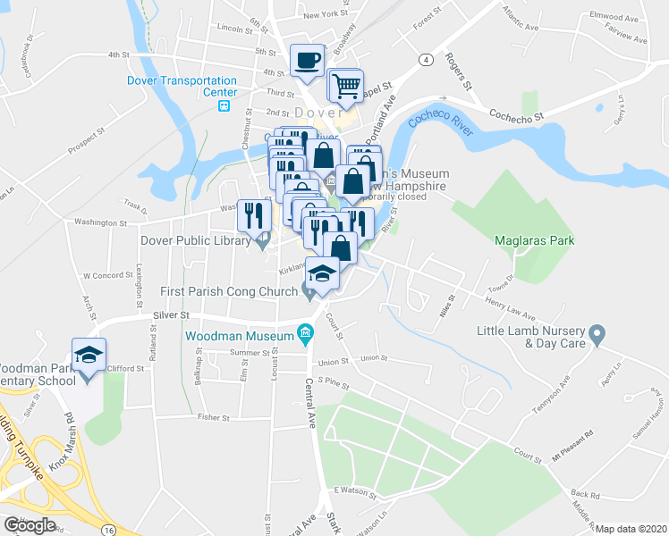 map of restaurants, bars, coffee shops, grocery stores, and more near 250 Central Avenue in Dover