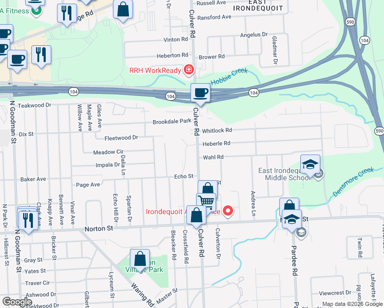 map of restaurants, bars, coffee shops, grocery stores, and more near 2505 Culver Road in Rochester