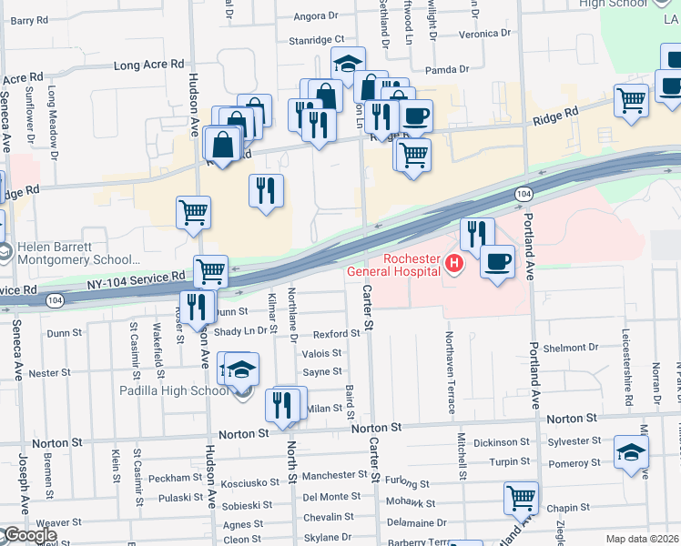map of restaurants, bars, coffee shops, grocery stores, and more near 255 Baird Street in Rochester