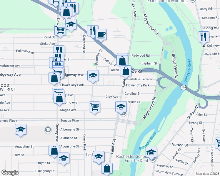 map of restaurants, bars, coffee shops, grocery stores, and more near 229 Flower City Park in Rochester