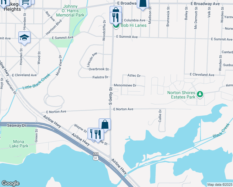 map of restaurants, bars, coffee shops, grocery stores, and more near 3290 South Getty Street in Norton Shores