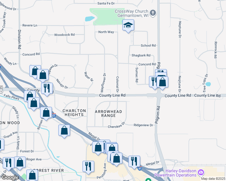 map of restaurants, bars, coffee shops, grocery stores, and more near N96W16170 County Line Road in Colgate