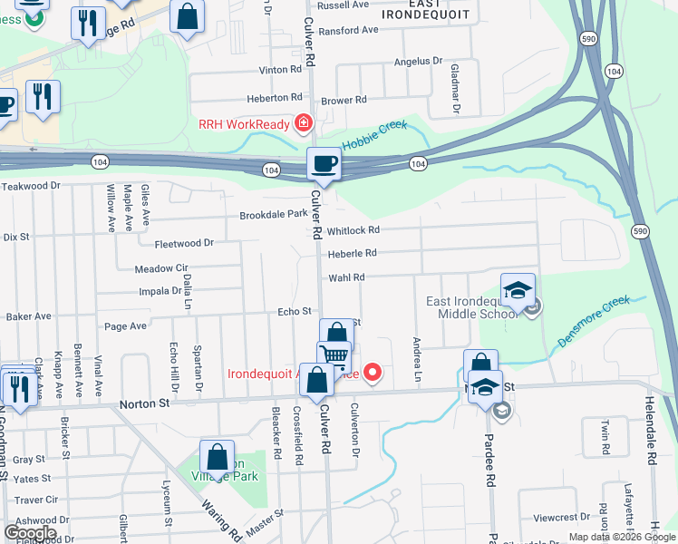 map of restaurants, bars, coffee shops, grocery stores, and more near 32 Wahl Road in Irondequoit