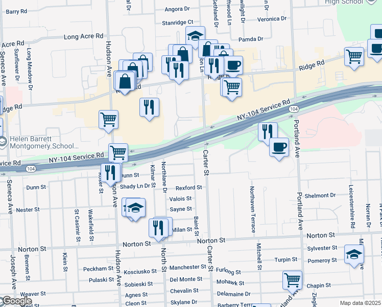 map of restaurants, bars, coffee shops, grocery stores, and more near 255 Baird Street in Rochester
