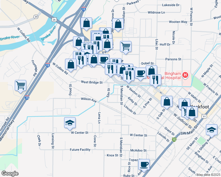 map of restaurants, bars, coffee shops, grocery stores, and more near 990 West Bridge Street in Blackfoot