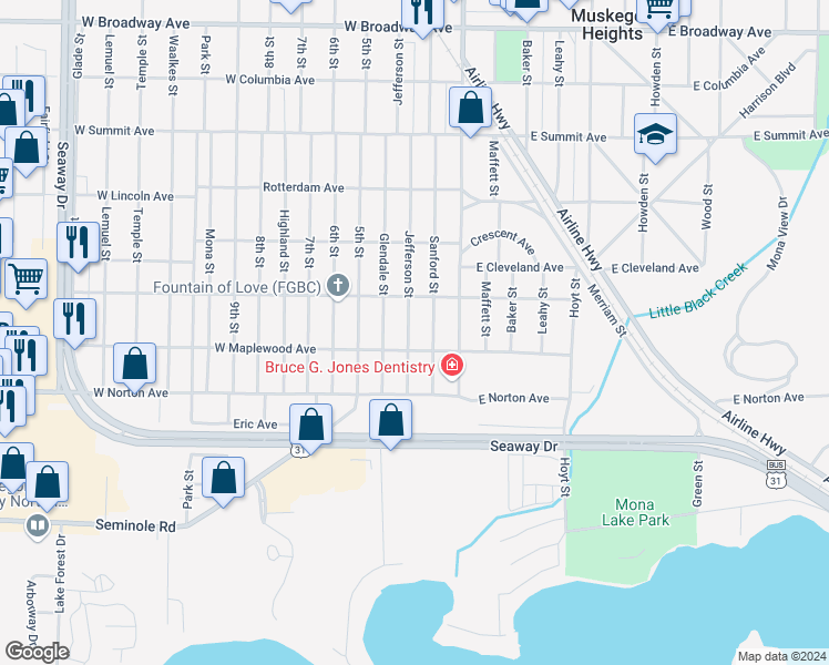map of restaurants, bars, coffee shops, grocery stores, and more near 3328 Jefferson Street in Muskegon Heights