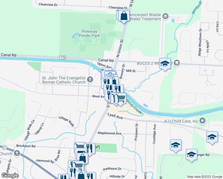 map of restaurants, bars, coffee shops, grocery stores, and more near 122 South Union Street in Spencerport