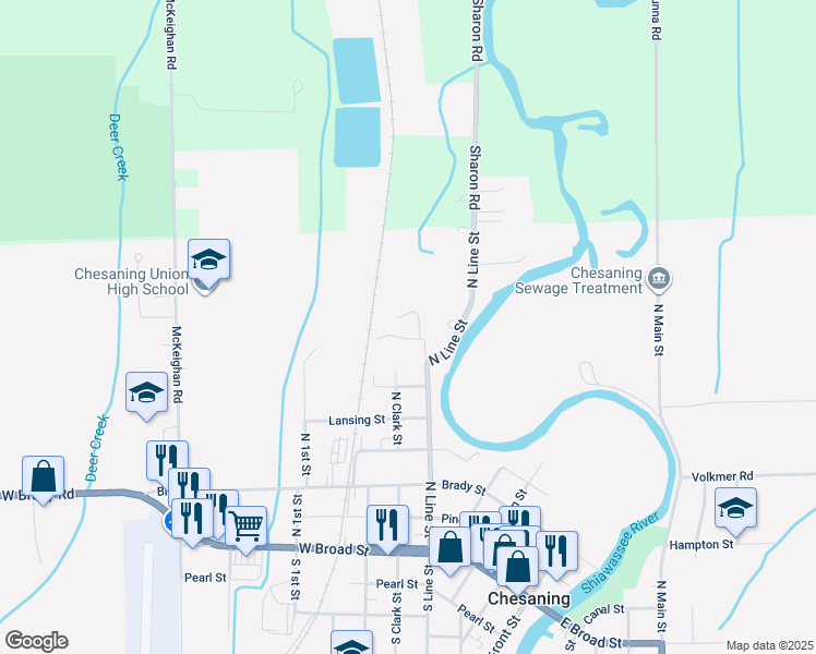map of restaurants, bars, coffee shops, grocery stores, and more near 156 Meadowwood Lane in Chesaning