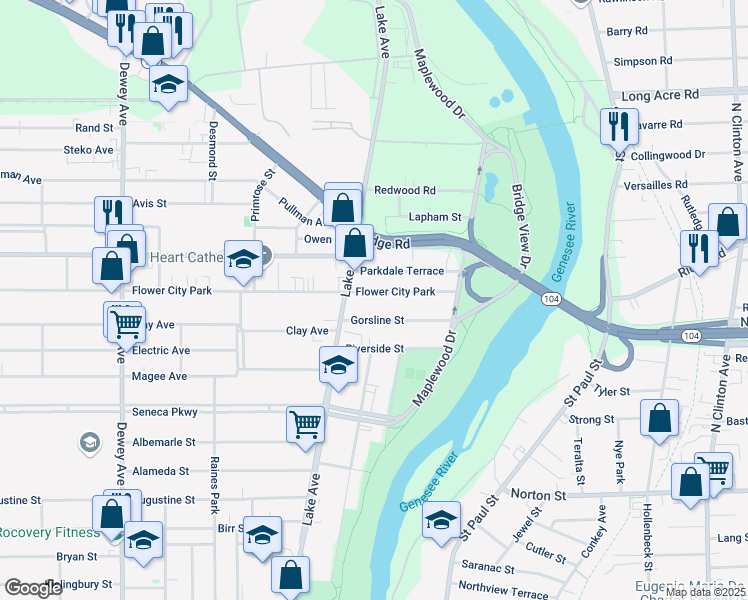 map of restaurants, bars, coffee shops, grocery stores, and more near 125 Flower City Park in Rochester