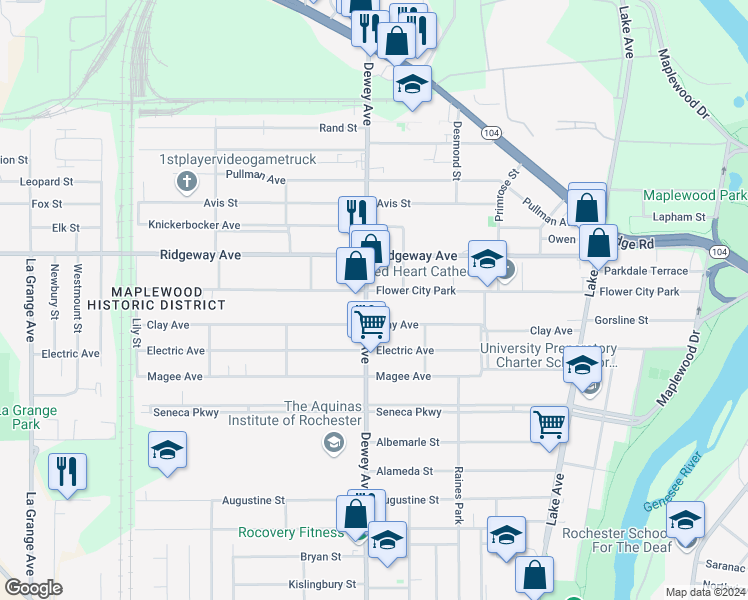 map of restaurants, bars, coffee shops, grocery stores, and more near 1400 Dewey Avenue in Rochester