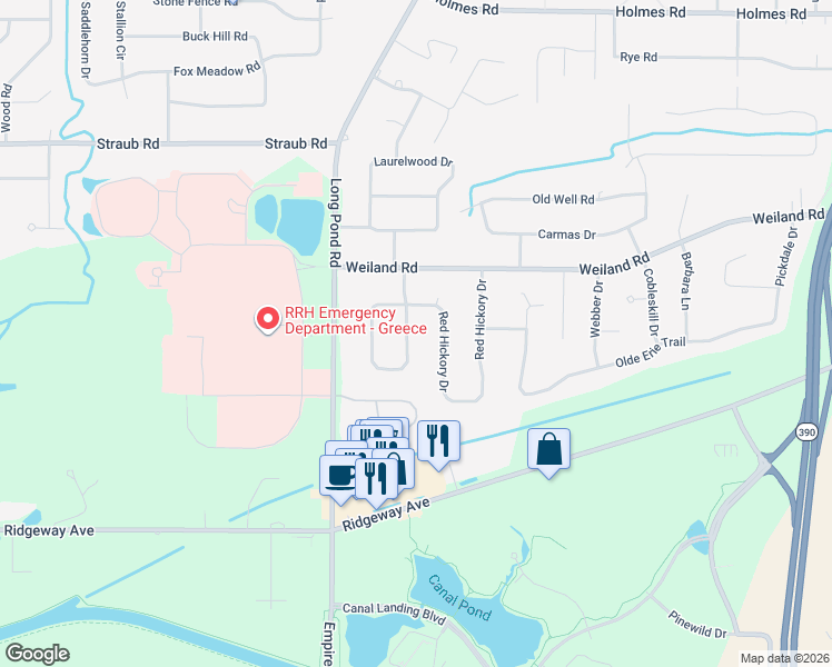 map of restaurants, bars, coffee shops, grocery stores, and more near 88 Dolores Drive in Rochester