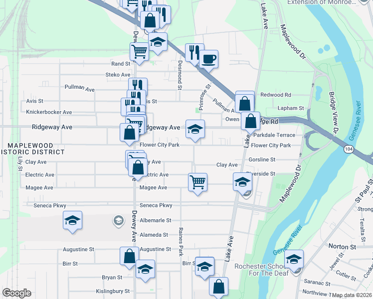 map of restaurants, bars, coffee shops, grocery stores, and more near 341 Flower City Park in Rochester