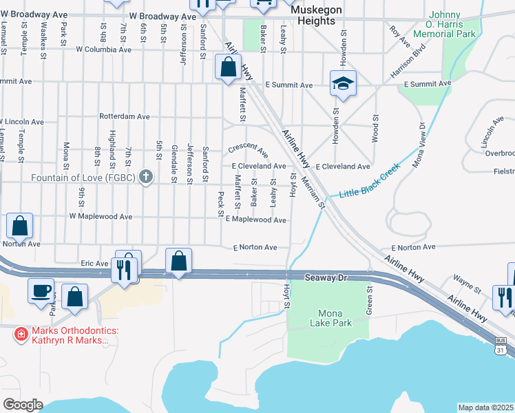 map of restaurants, bars, coffee shops, grocery stores, and more near 3324 Baker Street in Muskegon Heights