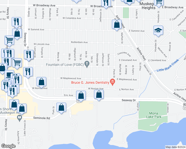 map of restaurants, bars, coffee shops, grocery stores, and more near 3328 5th Street in Muskegon Heights