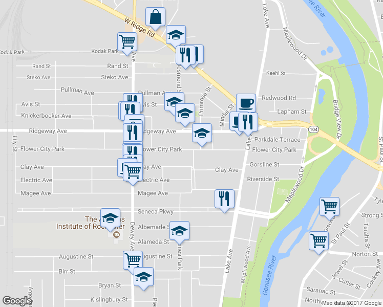 map of restaurants, bars, coffee shops, grocery stores, and more near 341 Flower City Park in Rochester