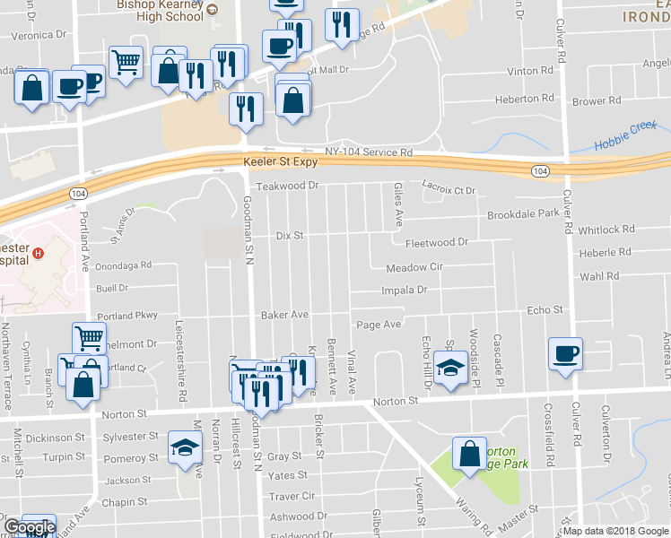 map of restaurants, bars, coffee shops, grocery stores, and more near 224 Bennett Avenue in Rochester