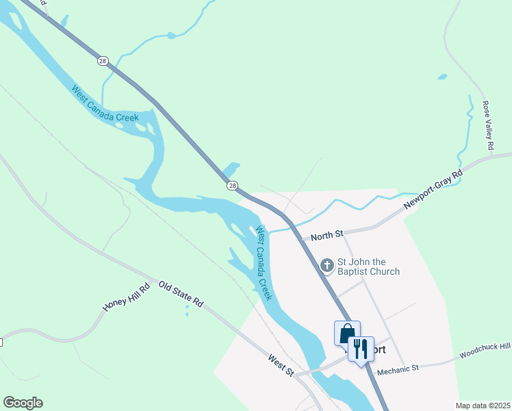 map of restaurants, bars, coffee shops, grocery stores, and more near 7597 Main Street in Newport