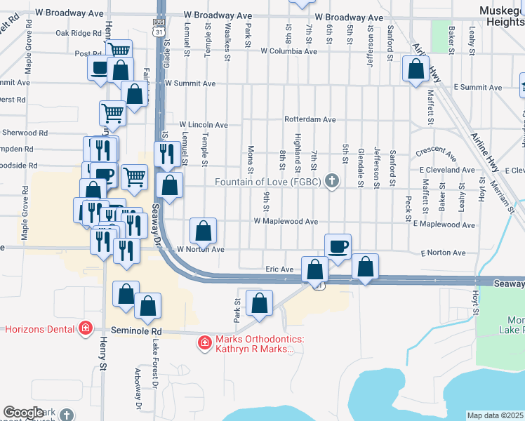 map of restaurants, bars, coffee shops, grocery stores, and more near 3329 9th Street in Muskegon Heights