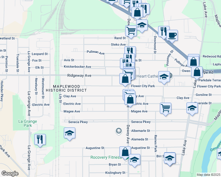 map of restaurants, bars, coffee shops, grocery stores, and more near 601 Flower City Park in Rochester