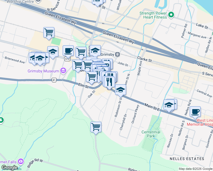 map of restaurants, bars, coffee shops, grocery stores, and more near 26 Main Street East in Grimsby