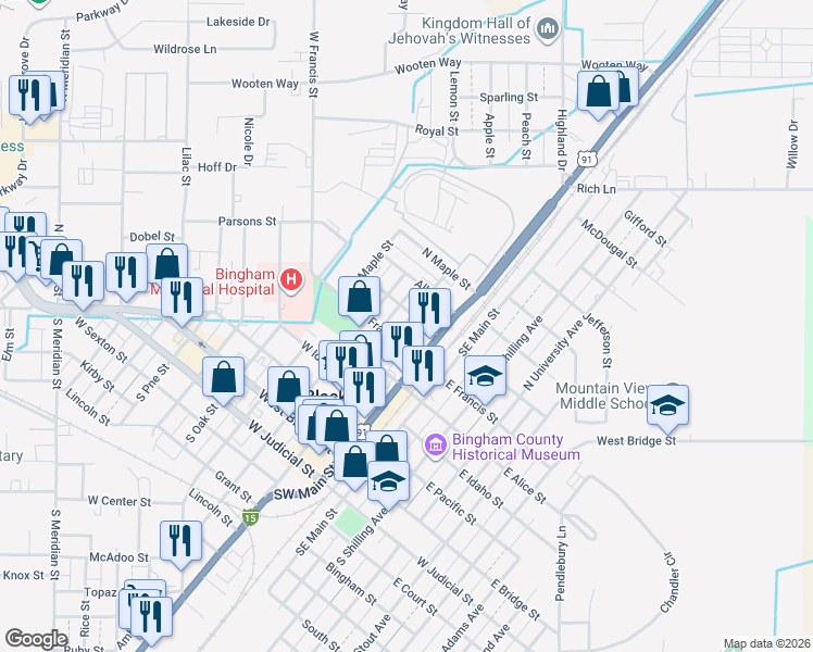 map of restaurants, bars, coffee shops, grocery stores, and more near 440 North Broadway Street in Blackfoot