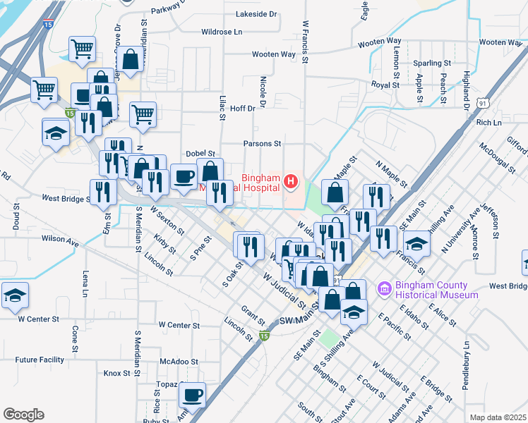 map of restaurants, bars, coffee shops, grocery stores, and more near 467 West Pacific Street in Blackfoot