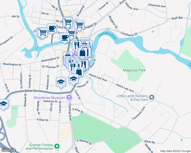 map of restaurants, bars, coffee shops, grocery stores, and more near 47 Hanson Street in Dover