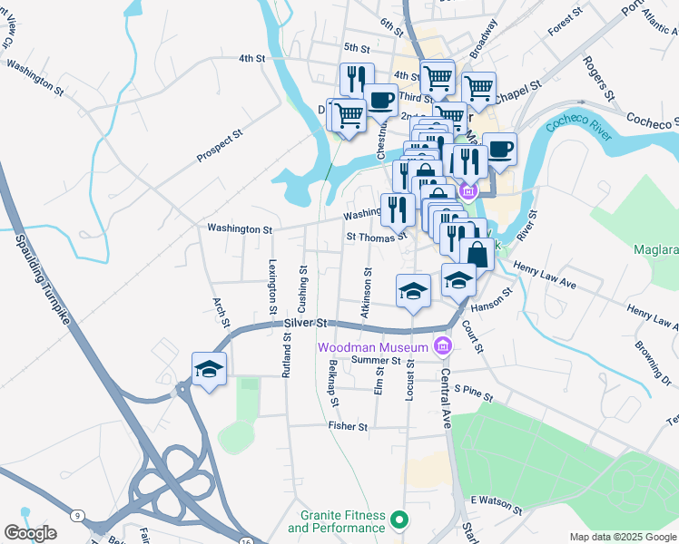 map of restaurants, bars, coffee shops, grocery stores, and more near 33 Belknap Street in Dover