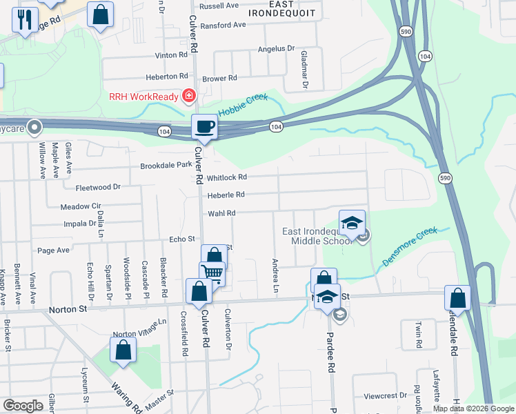map of restaurants, bars, coffee shops, grocery stores, and more near 130 Wahl Road in Irondequoit