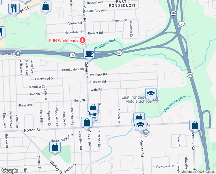 map of restaurants, bars, coffee shops, grocery stores, and more near 130 Wahl Road in Irondequoit