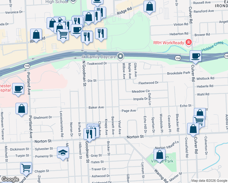 map of restaurants, bars, coffee shops, grocery stores, and more near 224 Bennett Avenue in Rochester