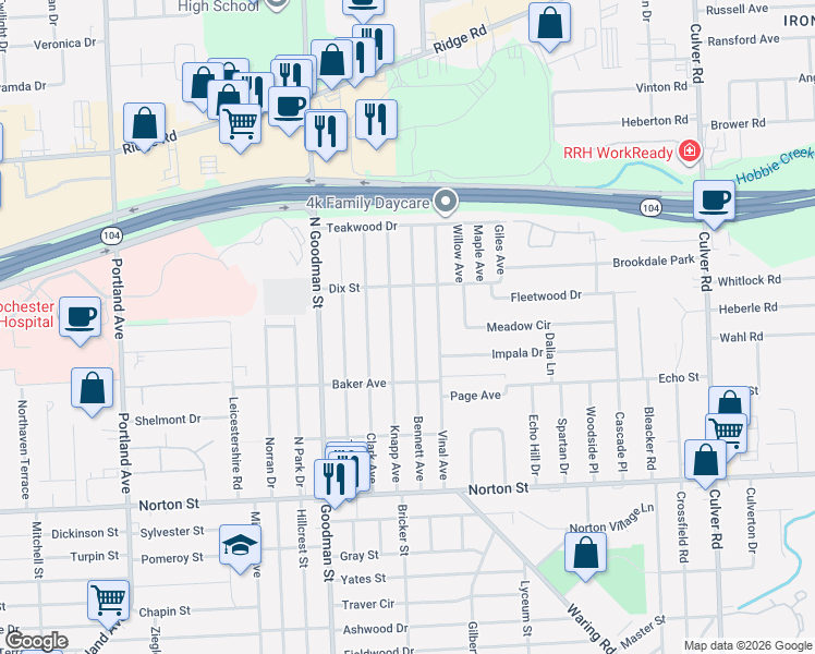 map of restaurants, bars, coffee shops, grocery stores, and more near 224 Bennett Avenue in Rochester