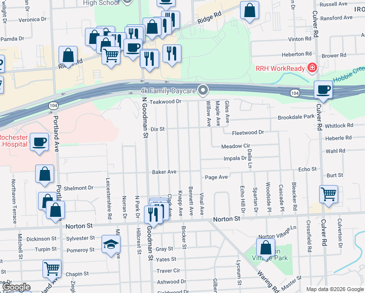 map of restaurants, bars, coffee shops, grocery stores, and more near 233 Knapp Avenue in Rochester