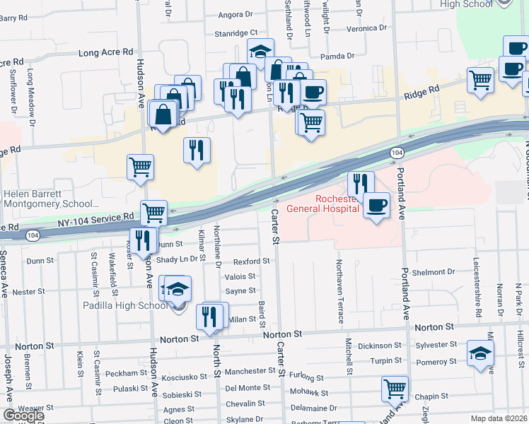 map of restaurants, bars, coffee shops, grocery stores, and more near 255 Baird Street in Rochester