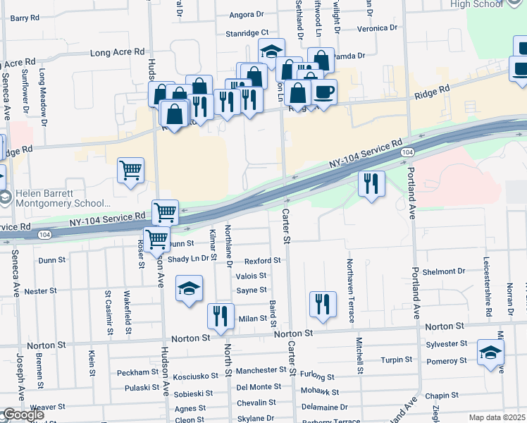map of restaurants, bars, coffee shops, grocery stores, and more near 255 Baird Street in Rochester