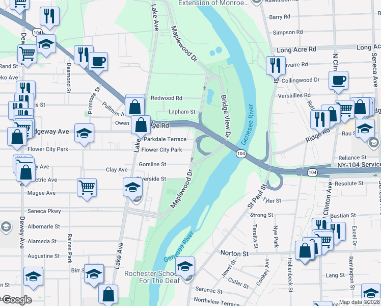 map of restaurants, bars, coffee shops, grocery stores, and more near 11 Flower City Park in Rochester