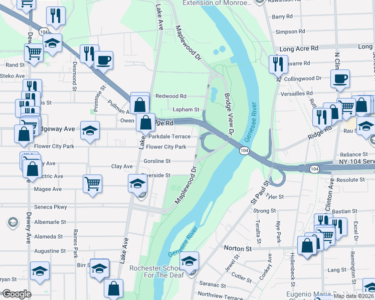 map of restaurants, bars, coffee shops, grocery stores, and more near 11 Flower City Park in Rochester