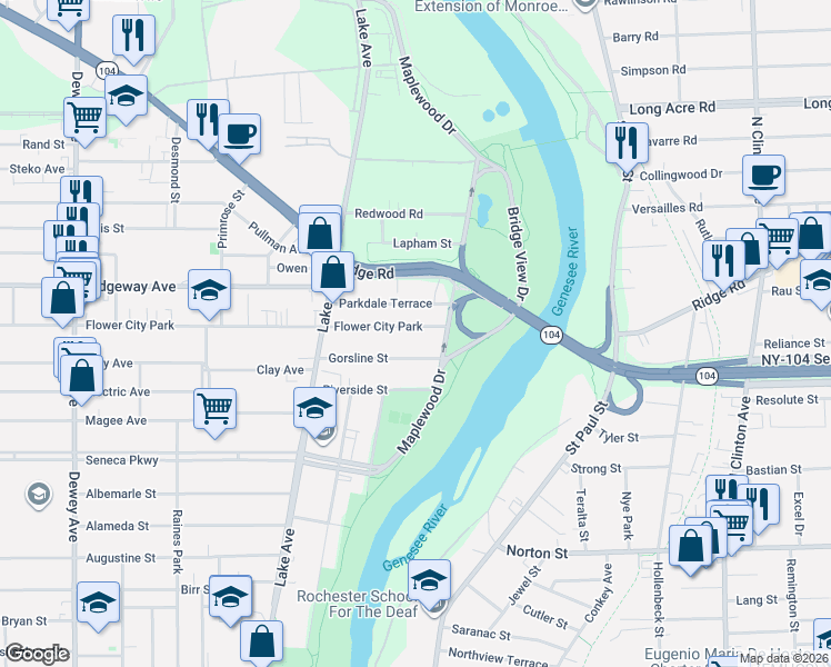 map of restaurants, bars, coffee shops, grocery stores, and more near 11 Flower City Park in Rochester